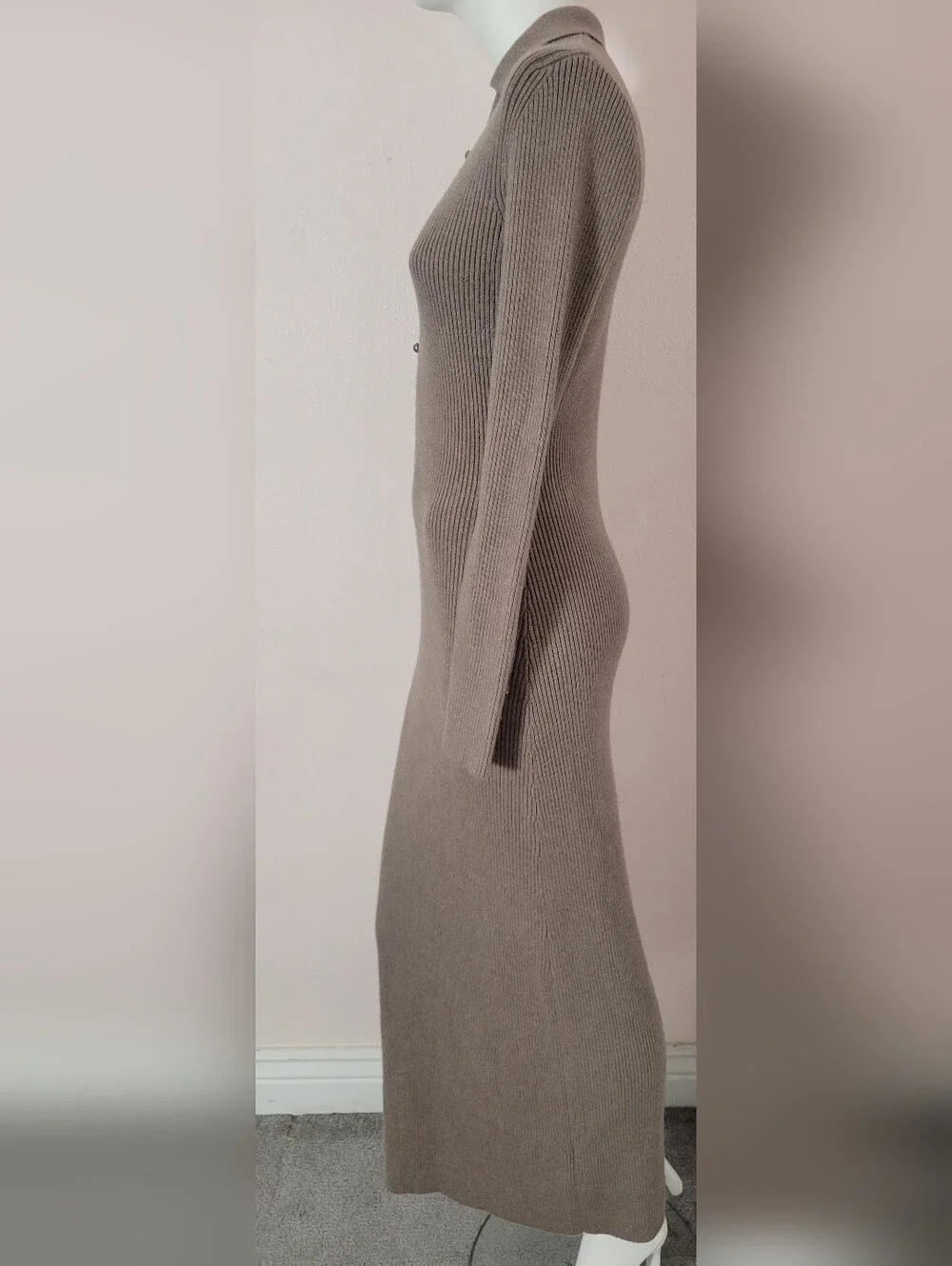 Abercrombie & Fitch Knit Maxi Dress Brown Medium Tall MT Ribbed Collared Button